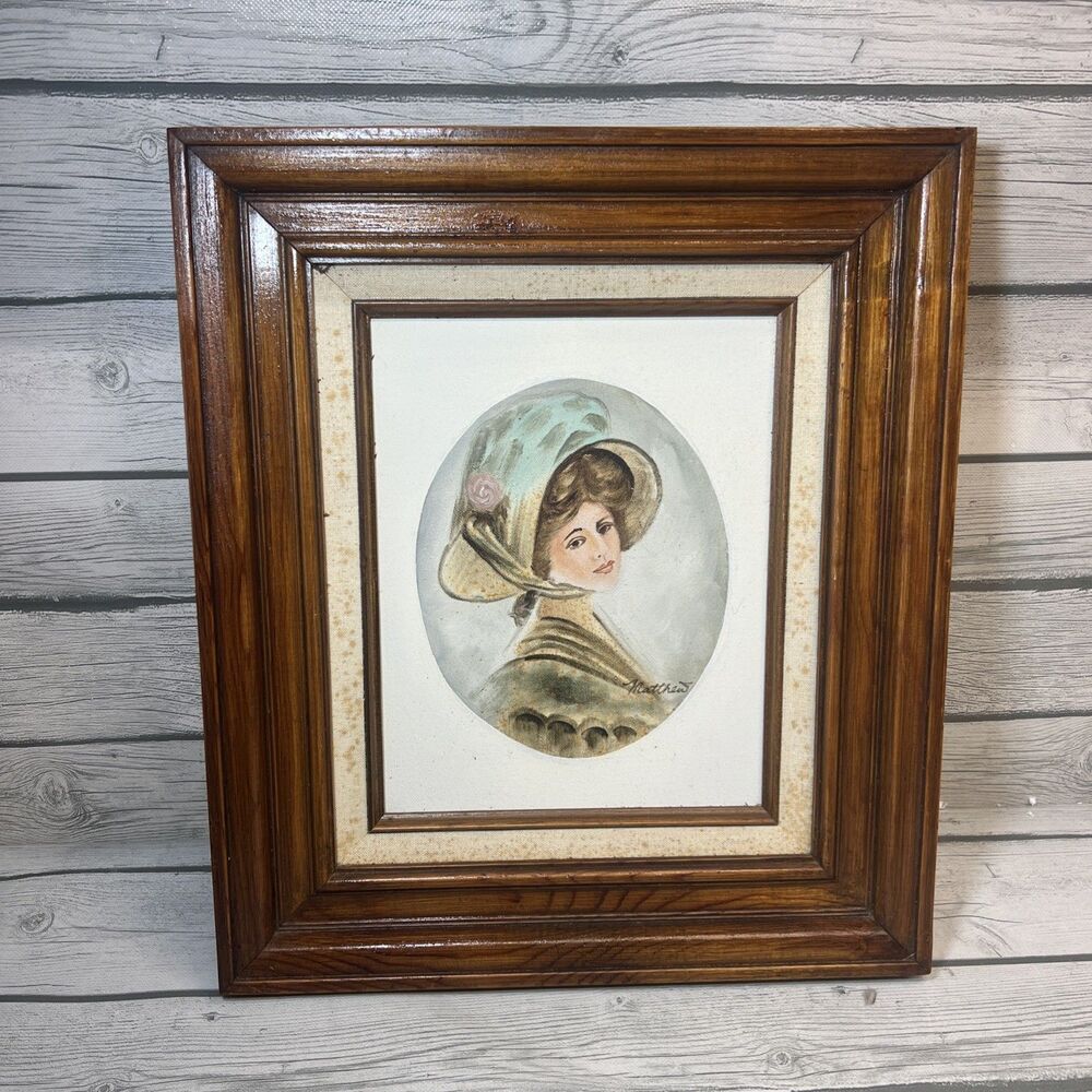 Oval Painting On Canvas Edwardian Lady Wood Frame MCM Cottage Signed 16x13